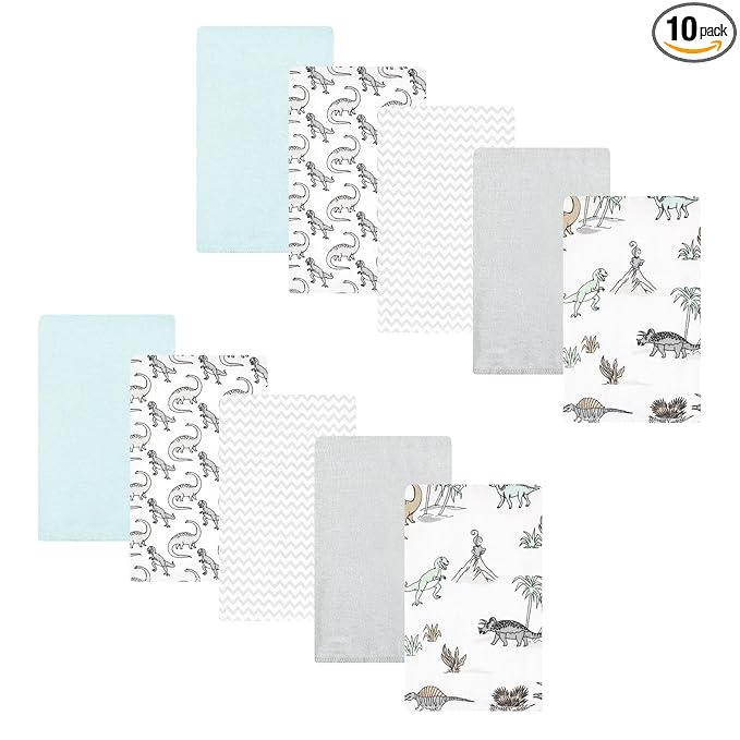 Hudson Baby Unisex Baby Cotton Flannel Burp Cloths 10-Pack, Neutral Dino World, One Size
