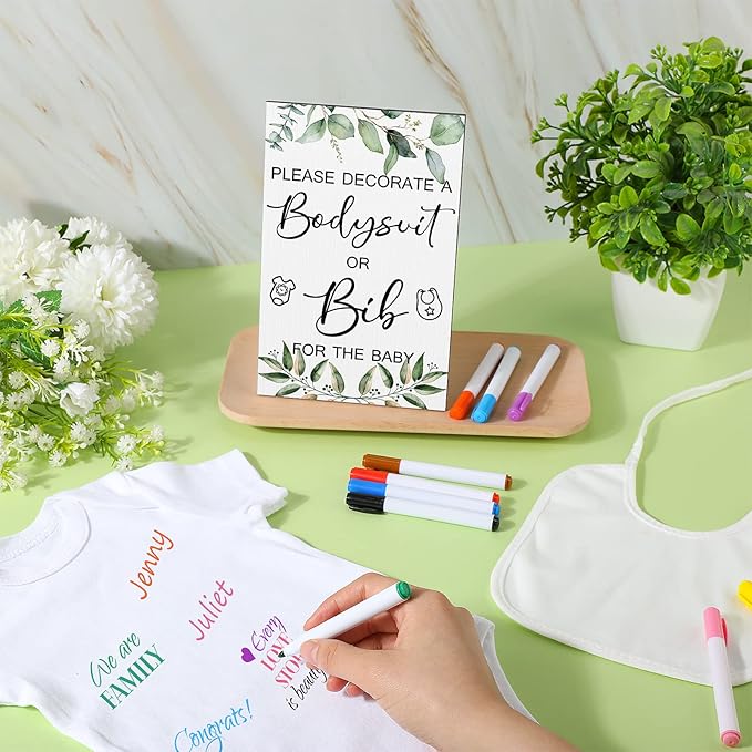Roowest 35 Pcs Baby Shower Bibs Games Design Wooden Baby Shower Party Game Sign DIY Bodysuit Sign 15 White Blank Bibs 9 Bodysuit 10 Markers for Party Supplies(Greenery)