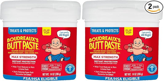 Boudreaux’s Butt Paste Max Strength Diaper Rash Cream for Baby, Ointment With Zinc Oxide, 14 oz Flip-Top Jar (Pack of 2)