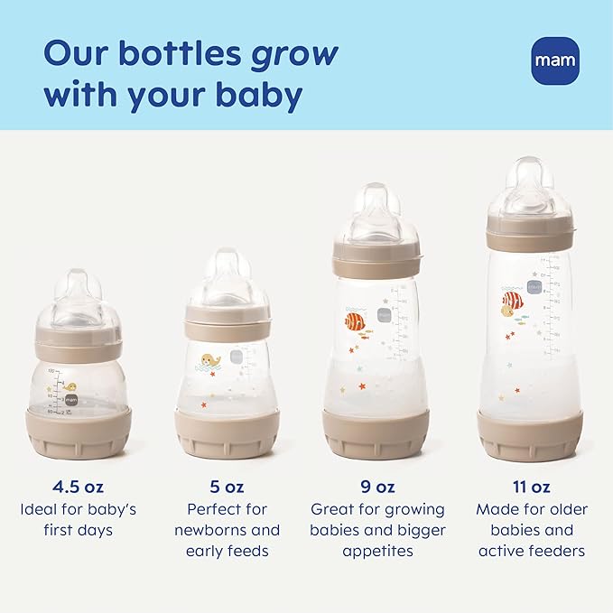 MAM 9oz Easy Start Anti-Colic Wide Neck Vented Baby Bottle, Medium Flow Breastfeeding-Like Nipple, Reduces Colic Gas & Reflux, Easy to Clean, BPA Free, 2+ Months, Made in Europe, 2 Pack, Unisex