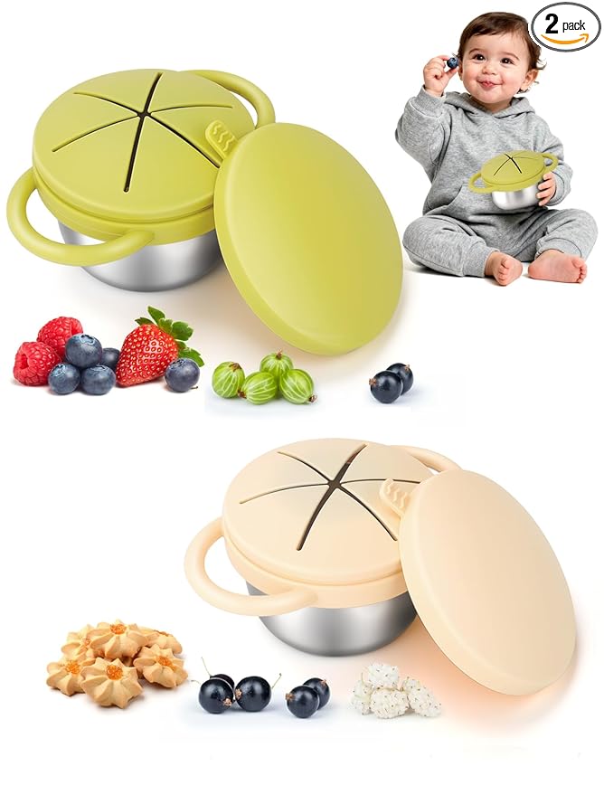 2 Pack Stainless Steel Snack Cups for Toddlers Spill Proof, Toddler Snack Containers with Spill-Proof Silicone Lids & Handles, Dishwasher Safe Perfect for Mess-Free Snacking (Yellow+ Beige)