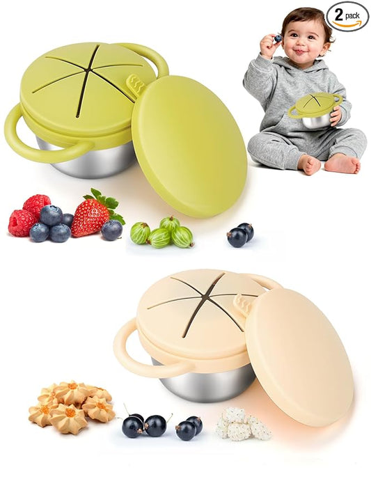 2 Pack Stainless Steel Snack Cups for Toddlers Spill Proof, Toddler Snack Containers with Spill-Proof Silicone Lids & Handles, Dishwasher Safe Perfect for Mess-Free Snacking (Yellow+ Beige)