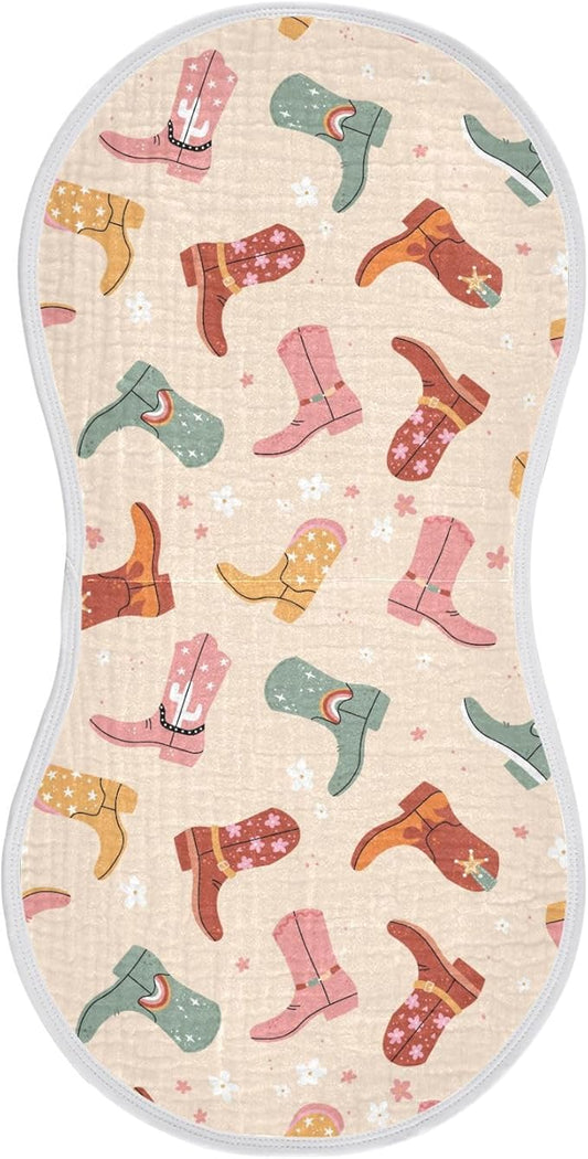 Cowboy Boots Muslin Burp Cloths for Baby Boys and Girls - 1-Pack Ultra Absorbent Muslin Washcloths, Newborn Towel, Milk Spit Up Rags, Burp Cloth Bib for Unisex, 22 x 11 Inch
