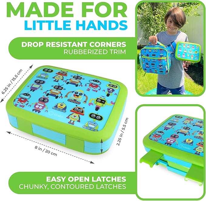 Bento Lunch Box for Kids with Thermo for Hot Food Soup, Insulated Lunch Bag and Ice Cold Pack Set, Stainless Steel Lunch Thermal, Container Boxes with 4 Compartments, Green Robot