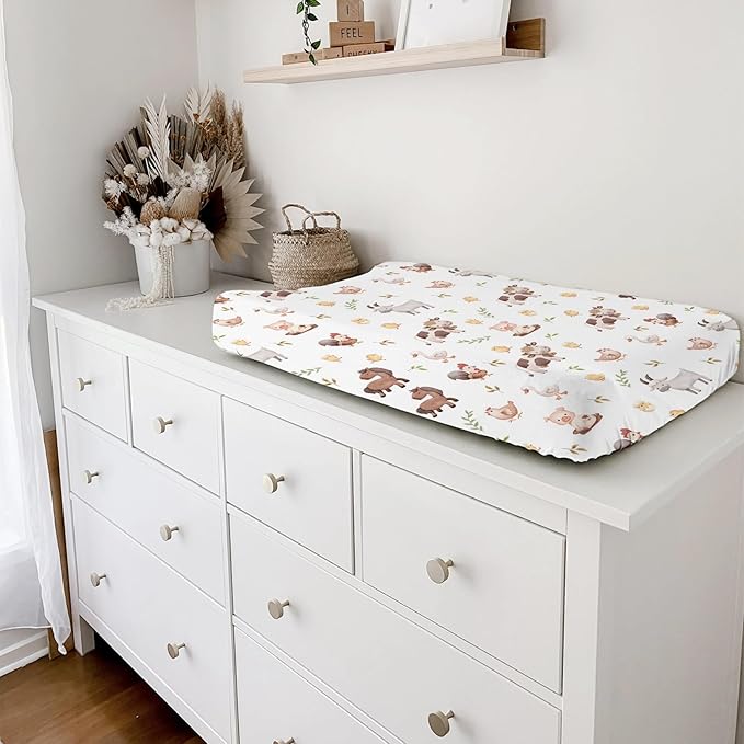 Baby Farm Life Changing Pad Cover for Boy Girl 32''x16'' Farm Animals Pig Goat Horse Cow Chick Rooster Duck Leaves Fitted Changing Pad Sheets Soft Breathable Diaper Change Table Mats
