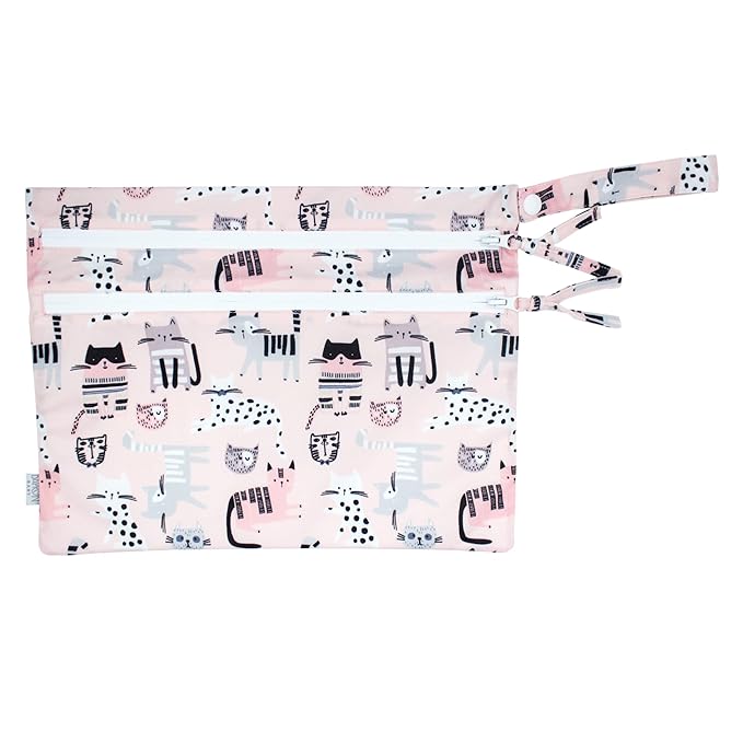 BapronBaby Kitty Wet Dry Bag - Waterproof Two Zipper Pockets - Reusable for Mealtime, Diapers, Stroller, Snacks, Swimsuits - Machine Washable - 11" x 9"