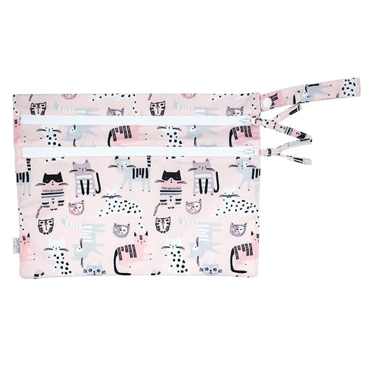 BapronBaby Kitty Wet Dry Bag - Waterproof Two Zipper Pockets - Reusable for Mealtime, Diapers, Stroller, Snacks, Swimsuits - Machine Washable - 11" x 9"
