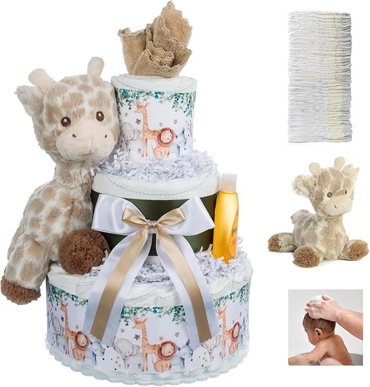 Lil' Baby Cakes Safari Diaper Cake - Beautiful Safari-Themed Baby Gift Using Size 1 Swaddler Diapers - Perfect for Baby Showers with Safari Animal Decorations, Giraffe Diaper Cake - 10 in x 12 in