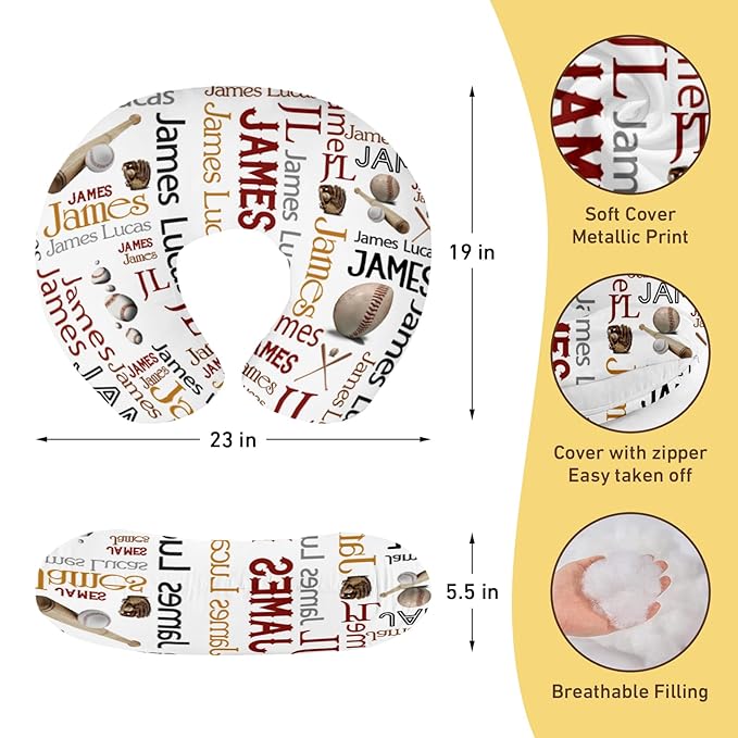 Baby Nursing Pillow Cover - Personalized Name Baseballs Design Breastfeeding U-Shaped for Bottle Feeding, Ultra Soft Comfortable Breastfeeding Pillow Cover for Infant Baby Boys and Girls