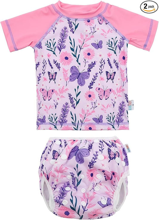 ALVABABY Baby Girl Swimsuit, 2-Piece Infant Toddler Bathing Short Sleeve Swimwear, Small Baby Reusable Swim Diaper with Matching Top