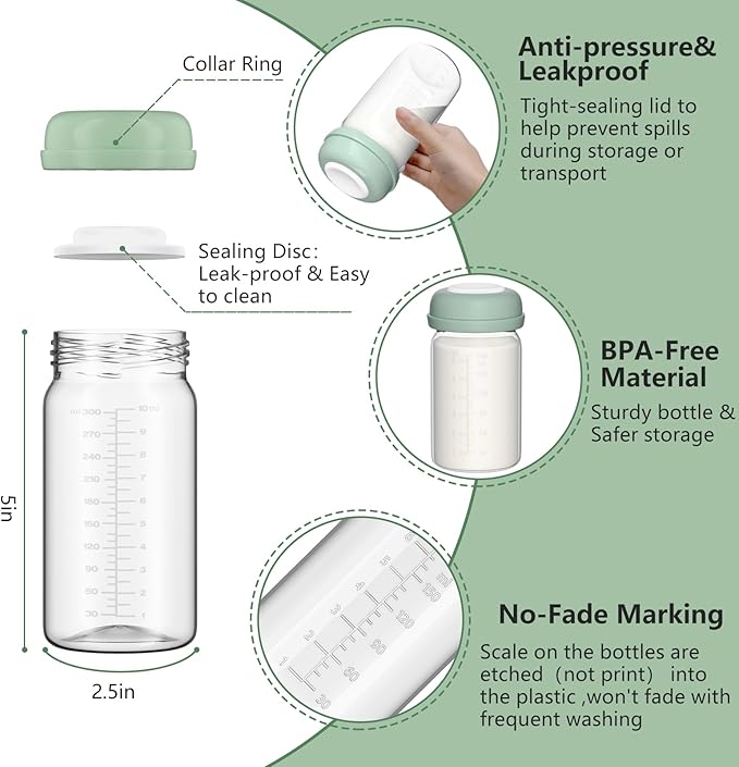 Breastmilk Storage Bottles Collection Bottles, 10oz Wide-Neck Breast Milk Container Compatible for Spectra S1 S2 SG Motif Luna Breast Pumps, Fit for 22oz Breast Milk Cooler & Fridge, 4 Packs