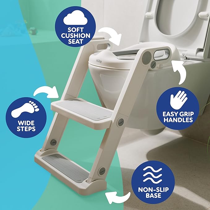 Nuby Step Ladder Toddler Potty Seat for Toilet - All-in-One Kids Potty Training Toilet Seat with Ladder for Toddlers 18+ Months - Grey