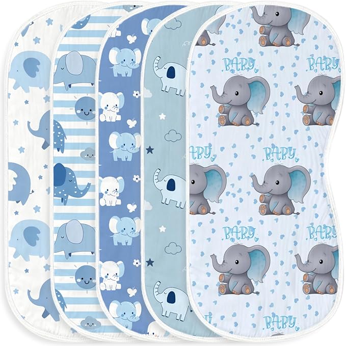5pcs Elephant Burp Cloths for Baby Boys Girls 100% Cotton Blue Elephant Themed Design Burp Rags, Soft Breathable Muslin Burping Cloths Absorbent Spit-Up Cloths for Infant Newborns