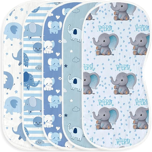 5pcs Elephant Burp Cloths for Baby Boys Girls 100% Cotton Blue Elephant Themed Design Burp Rags, Soft Breathable Muslin Burping Cloths Absorbent Spit-Up Cloths for Infant Newborns