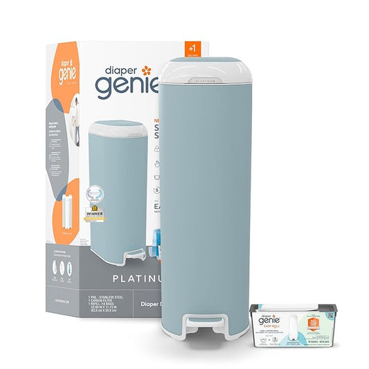 Diaper Genie Platinum Pail (Glacial Blue) is Made in Durable Stainless Steel and Includes 1 Easy Roll Refill with 18 Bags That can Last up to 5 Months.