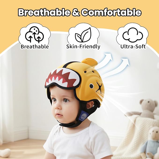 Mambobaby Baby Head Protector Helmet for Crawling and Walking, Breathable Soft Helmet, Ultra-Lightweight & Adjustable, Prevents Bumps Safety Helmet for Infants Toddlers 6-24 Months (Sunshine Shark)