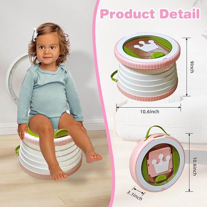 Portable Potty Chair for Toddlers with Splash-Proof Design, Foldable Travel Potty with Bag & 30 Refills - Kids Toilet for Car, Camping, Indoor - Easy Clean Baby Potty Training Seat (White-Pink)