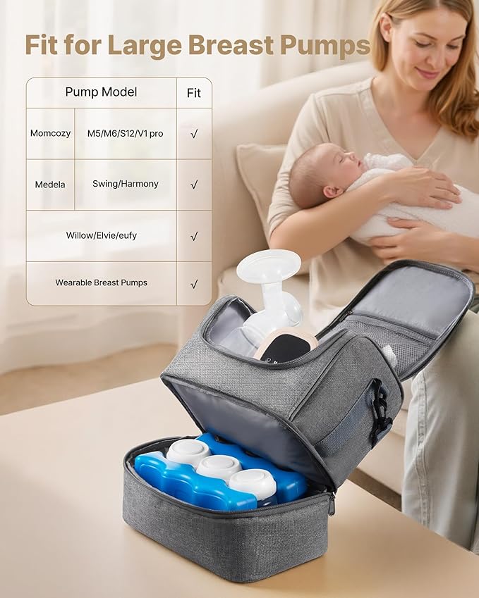 VEVOR Breast Pump Bag, Breast Feeding Bag with Ice Pack, Compatible with Momcozy, Medela & Elvie Pumps, Portable Pump Carrying Case for Breastmilk Storage, Work, Travel and Family Use, Grey