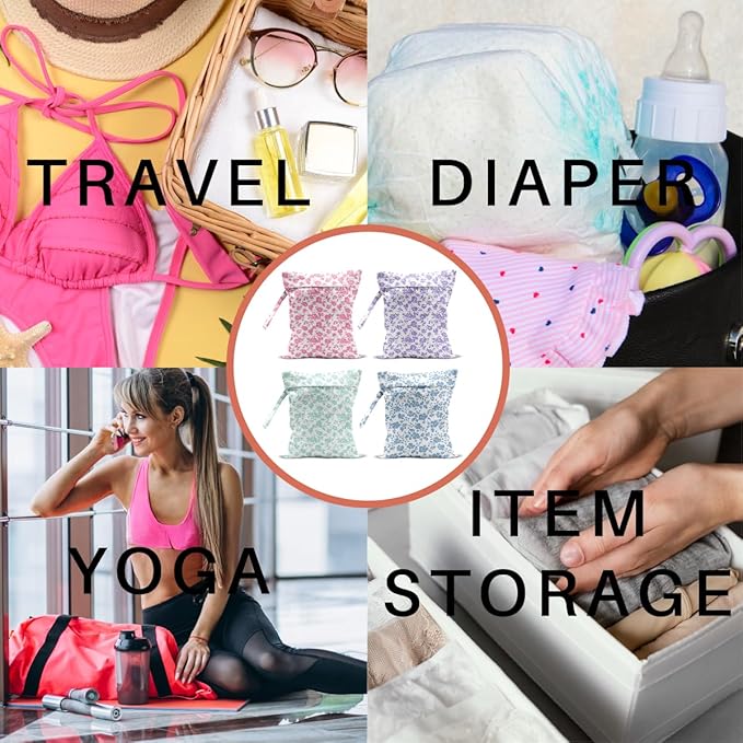 4 Pack Rose Floral Wet Bag Waterproof Washable Reusable Wet Dry Bag for Swimsuit Clothes Cloth Diaper Travel Beach Pool Yoga Gym Toiletries Gift for Women Bestie Sister Birthday Christmas