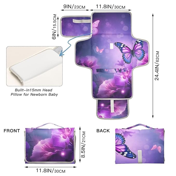 Portable Changing Pad for Baby - Purple Butterfly Waterproof Diaper Changing Mat Travel Changing Pad with Built-in Pillow - Shower Gift for Baby