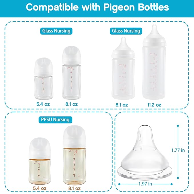 Silicone Bottle Nipples Compatible with Pigeon Bottles, Replacement Soft Nipple for Baby 6+ Months, Anti-Colic, BPA-Free, Fast Flow, Size L, 4-Pack