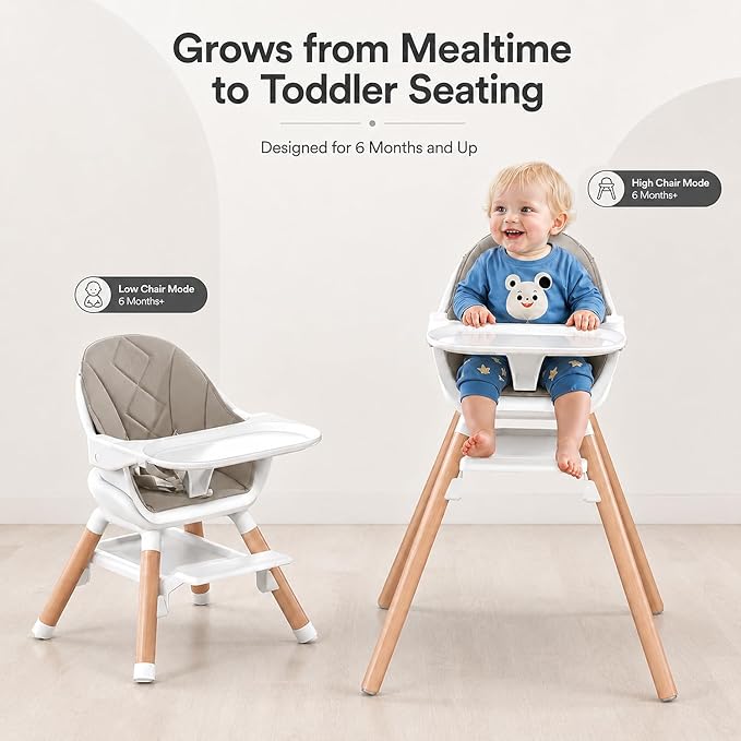 Baby High Chair, 6 in 1 Convertible High Chairs for Babies and Toddlers, Easy Clean Highchair with Removable Double Tray, 5-Point Harness, Reversible Footrest, Beech Wood Legs, Champagne