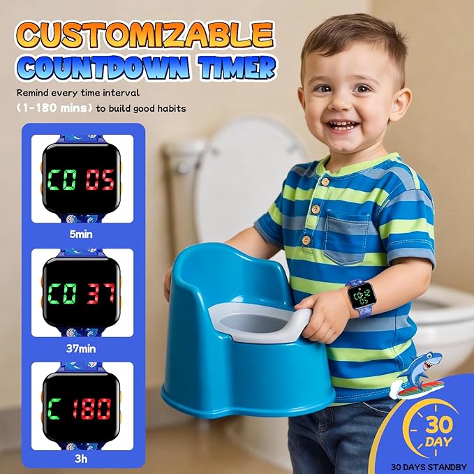 Potty Training Watch for Toddler Boys: Adjustable Volume Potty Watches for Kids Water Resistant Toilet Timer Alarm Toddler Shark Watch 1-3 Birthday Gifts for 2 3 4 Year Old Boy(Dark Blue)