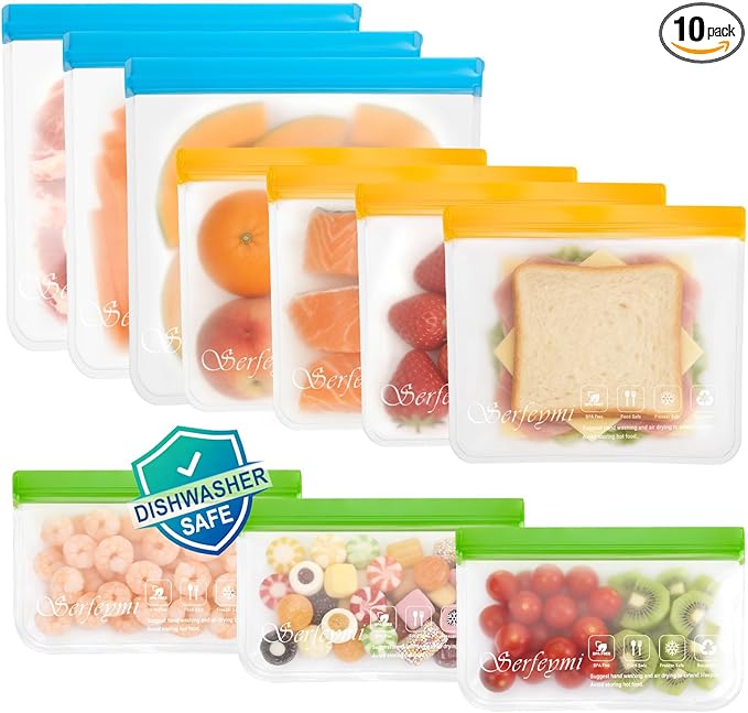 Serfeymi 10 Pack Reusable Gallon Freezer Bags Dishwasher Safe, Extra Thick Reusable Plastic Bags BPA Free, Leak Proof Food Storage Bags with 3 Sizes for Meat, Travel - 3 Gallon 4 Sandwich 3 Snack