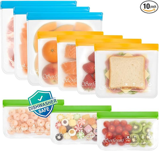 Serfeymi 10 Pack Reusable Gallon Freezer Bags Dishwasher Safe, Extra Thick Reusable Plastic Bags BPA Free, Leak Proof Food Storage Bags with 3 Sizes for Meat, Travel - 3 Gallon 4 Sandwich 3 Snack