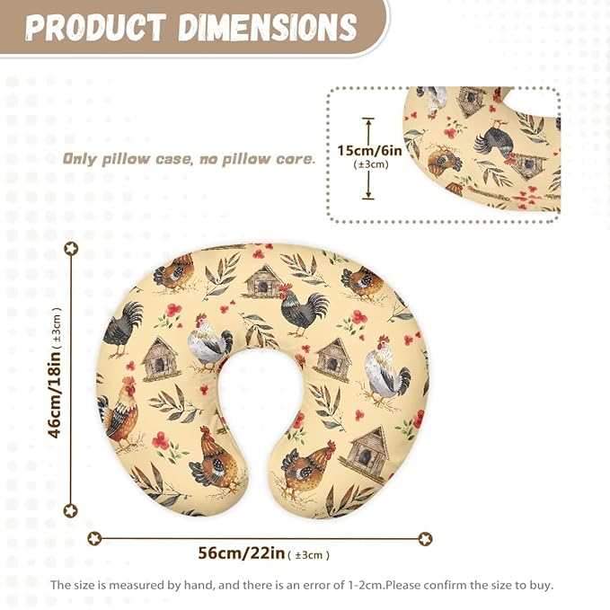 Jeiento Farmhouse Rooster Nursing Pillow Cover Soft Washable Breastfeeding Pillowcase Covers for Baby Boys Girls Newborns Cute Chicken Pattern Pillow Covers