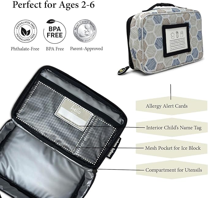 Urban Infant Yummie Kids Lunch Box Insulated Bag - Toddler Boys and Girls – Perfect for Daycare Preschool Travel Snacks – Allergy Alert Cards - Fits Bento Boxes - Honeycomb
