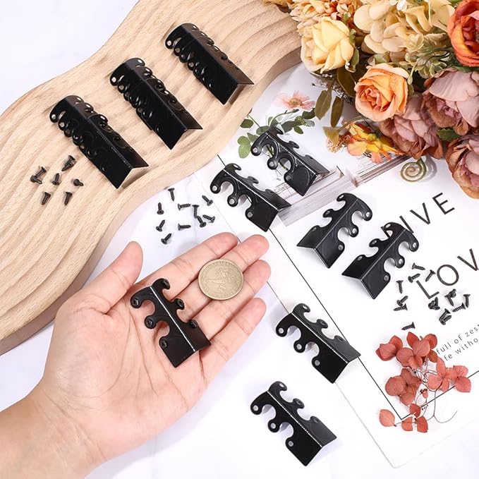 CRASPIRE 16Pcs Baseboard Corner Protectors Vintage Metal Rustic Decorative Guards Skirting Board Black Safety Bracket with Screws for Wood Furniture Table Wall Edge Cover File Boxes Bookshelves
