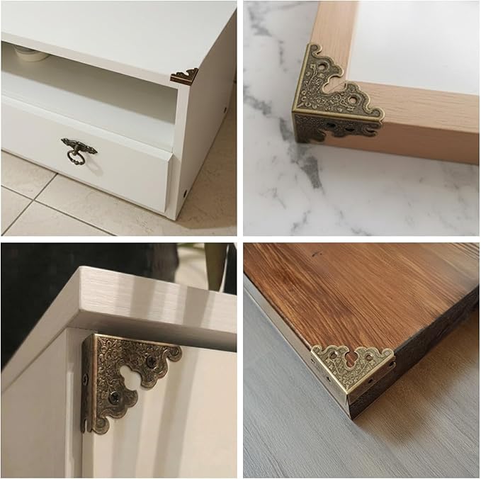 4 Pcs Decorative Corner Protectors 1.38" x 1.38" Retro Style Table Edge Guards Covers Vintage Furniture Corners with Mounting Screws Bronze Metal Bumpers for Picture Frame Jewelry Box Tables Cabinet