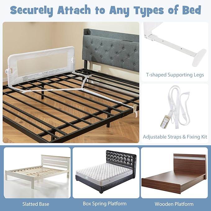 BABY JOY Bed Rails for Toddlers, Swing Down Safety Bed Guard for Convertible Crib, Folding Baby Bedrail for Kids Twin, Double, Full Size Queen & King Mattress (47-Inch, White)