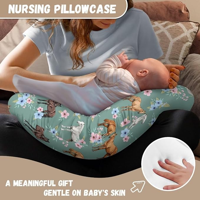 Floral Horse Feeding Pillow Cover Breastfeeding Pillow Slipcover for Newborn Girls Boys Soft Nursing Pillow Case Skin-Friendly U-Shaped Hidden Zipper Design