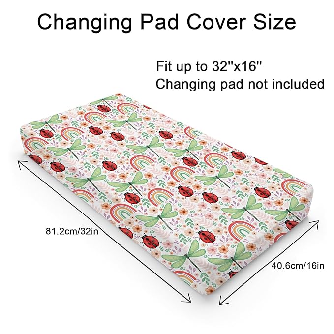 Spring Garden Dragonfly Changing Pad Cover Boho Retro Flowers Leaves Rainbow Diaper Changing Table Cover Sheets for Boy Girl Soft Breathable Stretch Fitted Baby Changing Pad Sheets Mats 32''x16''