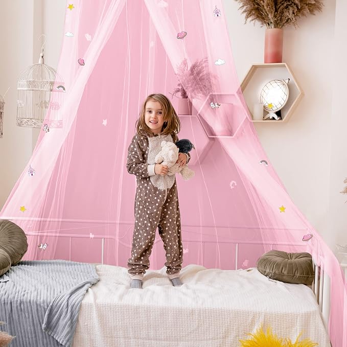 Stars Glow in The Dark Bed Canopy for Girls Unicorn Room Decor - Pink Bed Canopy Crib Mosquito Net Fluorescent Mosquito Net Hanging