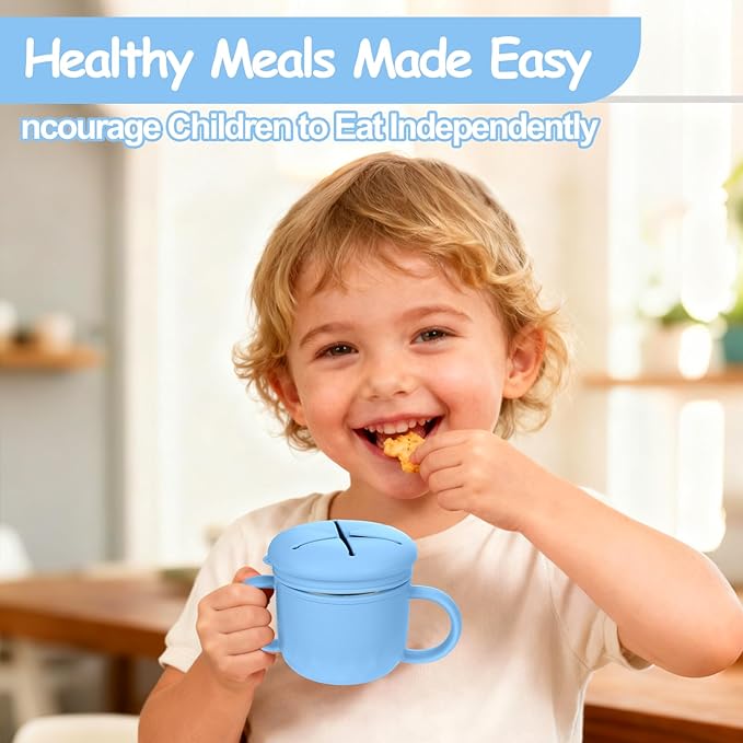 Mity rain 2-Pack Stainless Steel Snack Containers, 4-in-1 Spill proof Snack Cups With Silicone Lid and Handle, Dishwasher Safe Travel Snack Containers for Kids and Infants (Green + Blue)