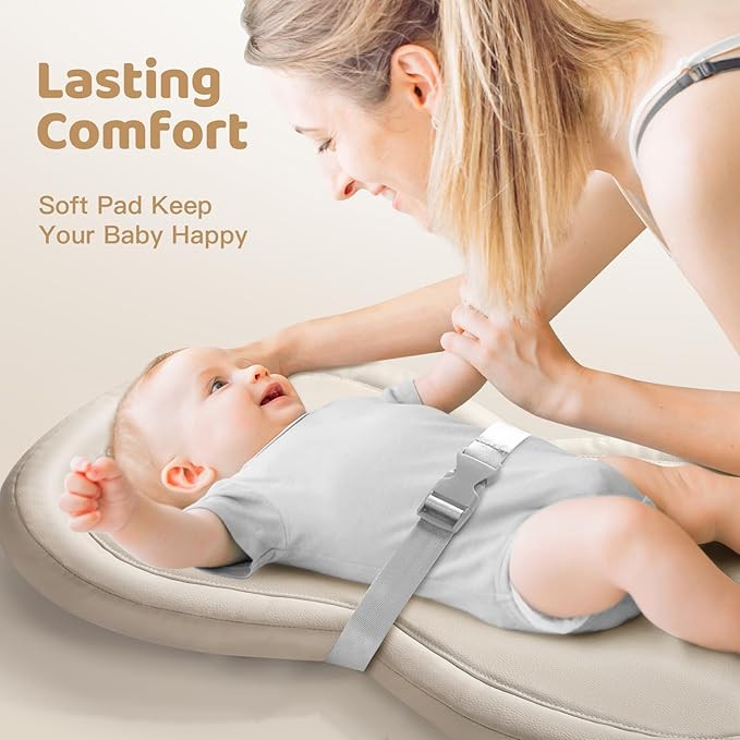 Orzbow Baby Changing Pad, Foldable Diaper Changing Pad for Dresser and Table, Wipeable Changing Pad Easy to Clean, Waterproof PU & Soft Foam Inner, Non-Slip, with Safety Belt, 28" × 19", Beige