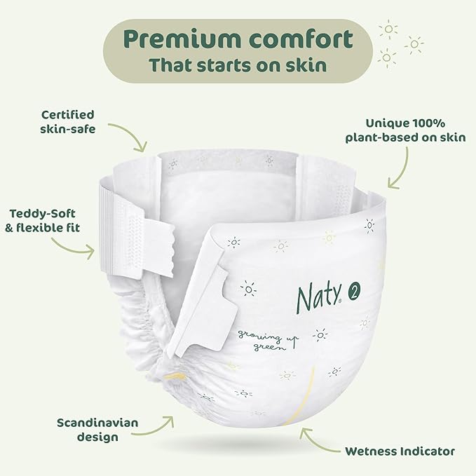 Naty BioEmbrace Baby Newborn Diapers | Sensitive Skin Safe Certified | Leak Protection up to 100% | Plant-Based Teddy Softness, Premium Comfort | Chlorine-Free | Size 2 (6–13 lbs), 33 Count