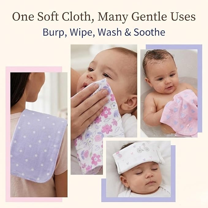 EVERYDAY KIDS 12 Pack Burp Cloths for Baby Girl - Paris, Flowers and Hearts