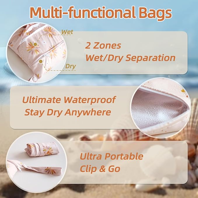 3 PCS Waterproof Wetbag, Wet Bags for Baby Cloth Diapers and Soiled Clothes, Reusable Wet Bag for Swimsuit and Towels with Double Zipper Pockets, Travel Beach Pool Essentials