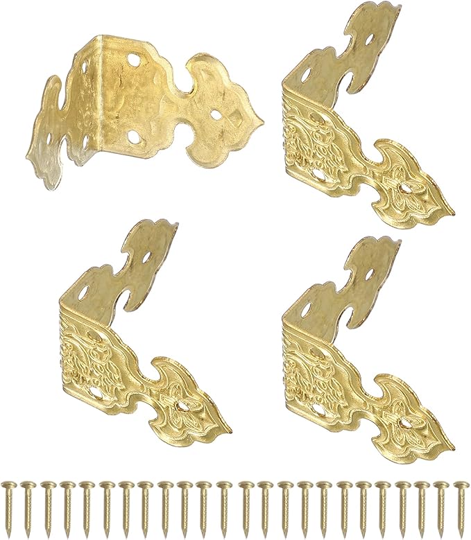 uxcell 4Pcs L Shaped Vintage Embossing Brass Decorative Corner 1 x 0.7 Inch Corner Protector with Mounting Nails Box Edge Guard Retro for Cabinets Furniture Decorative (Brass)