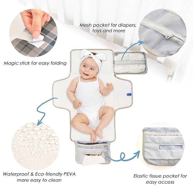 Brown Plaid Checkered Portable Diaper Changing Pad with Wipes Holder, Geometric Gingham Foldable Baby Diaper Changer Travel Bag Rustic Baby Changing Mat with Built-in Pillow for Newborn