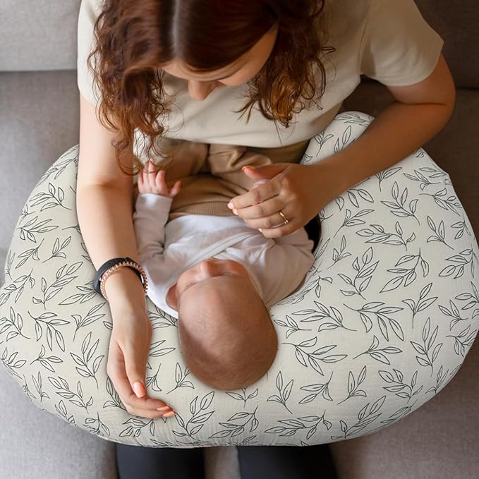 Nursing Pillow Cover - 2-Pack Muslin Cotton Removable Covers for Breastfeeding Pillows, Ultra-Soft Baby Feeding Pillowcase for Boy & Girl, Fits 22.5"x18" Pillows (Green Leaf & Sage Green)
