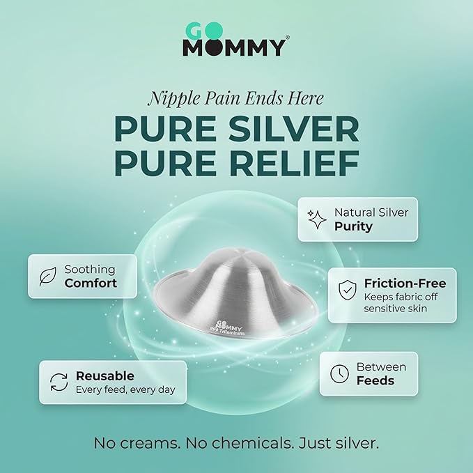 Go Mommy 999 Silver Nursing Cups — Trilaminate 3-Layer Construction | Nipple Shields for Breastfeeding Newborn | Sore Nipple Comfort Between Feeds, Nickel-Free, XL Size (2 Cups + Storage Bag)