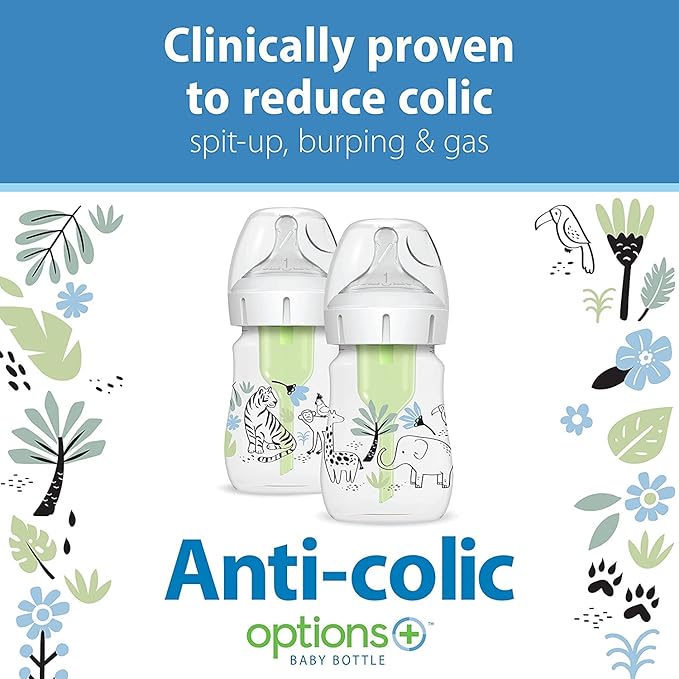 Dr. Brown’s Natural Flow® Anti-Colic Options+™ Wide-Neck Baby Bottle Designer Edition Bottles, Jungle Decos, 5 oz/150 mL, Level 1 Nipple, 2-Pack, 0m+ with 6-Pack Level 2 Nipples