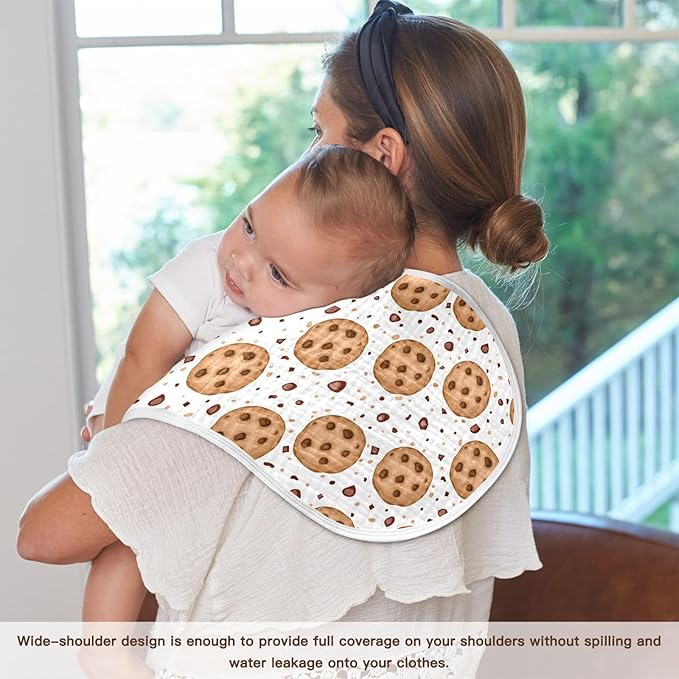 Muslin Burp Cloths for Baby Boys and Girls - 2-Pack Ultra Absorbent Chocolate Chip Cookies Muslin Washcloths, Newborn Towel, Milk Spit Up Rags, Burp Cloth Bib for Unisex, 22 x 11 Inch