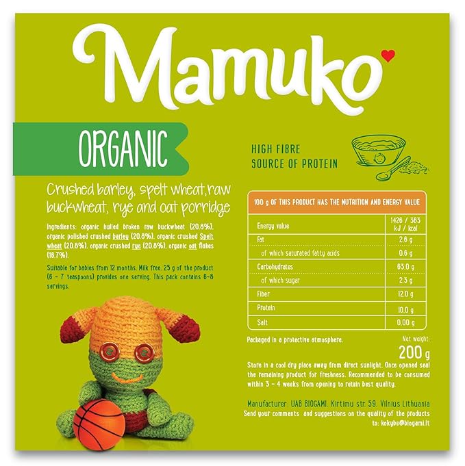 MAMUKO Organic Porridge - Healthy Porridge with Nutrient-Rich Blend of Oats, Raw Buckwheat, Barley, Spelt, & Rye - High Fiber Porridge without Sugar & Preservatives - Organic Porridge 200g & 8 Serving