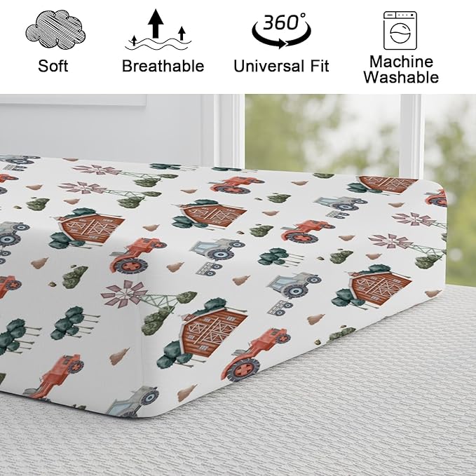 Watercolor Farm Animals Changing Pad Cover Retro Barn Chicken Pig Hen Duck Windmill Tractor Diaper Change Table Cover Sheets for Boys Girls Soft Stretchy Fitted Changing Mat Sheets 32''x16''
